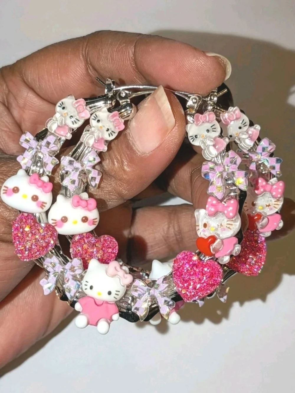 Hand Crafted Pink Hello Kitty Crystal Heart Hoop Earrings